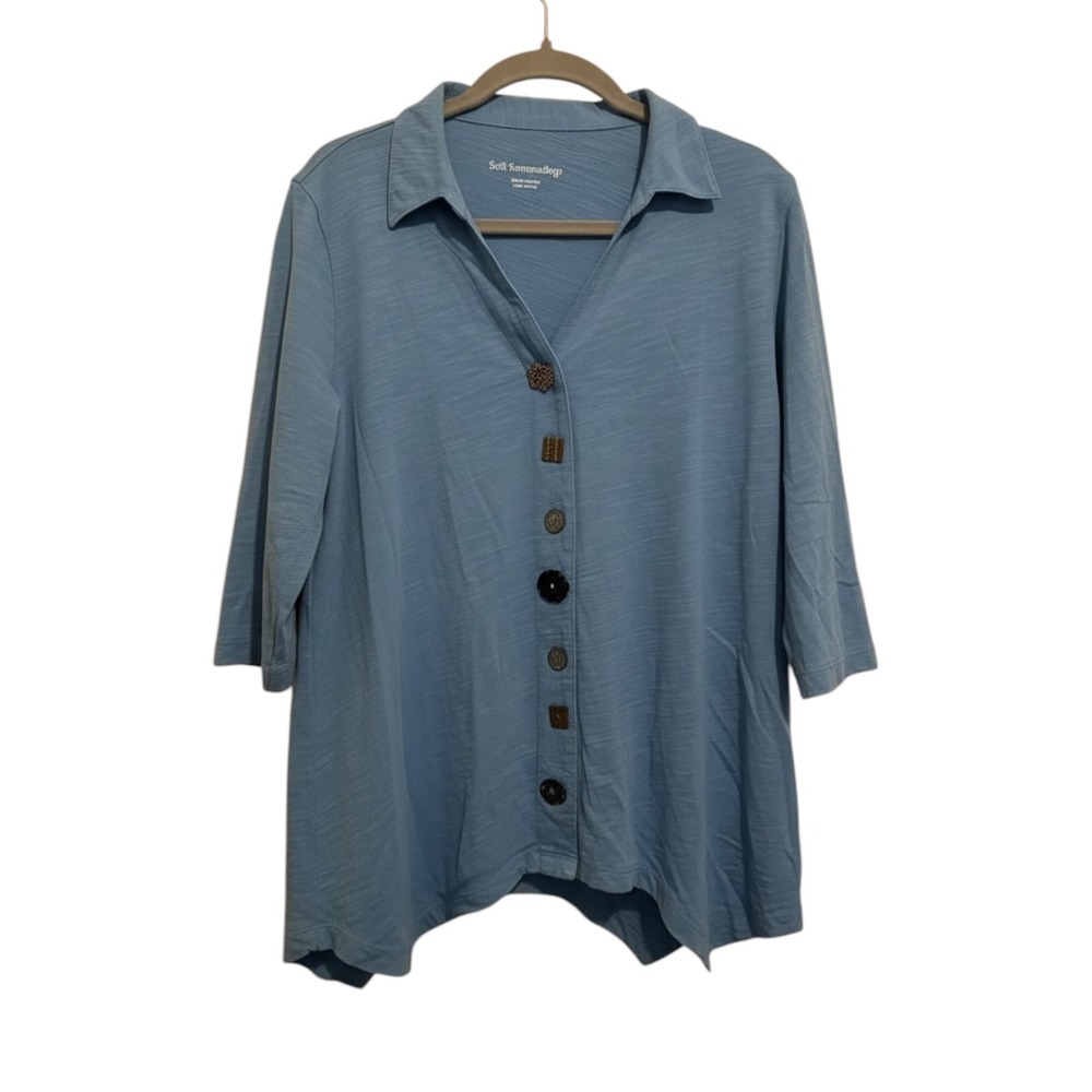 Soft Surroundings Top Women Petite Medium Blue Artsy Mixed Button Slub Cotton